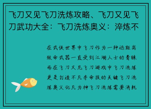 飞刀又见飞刀洗炼攻略、飞刀又见飞刀武功大全：飞刀洗炼奥义：淬炼不凡夺命技